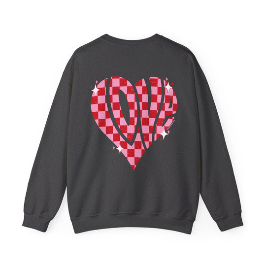 Unisex Love Crew sweatshirt with heart logo, ribbed knit collar. 50% cotton, 50% polyester, loose fit, sewn-in label. Medium-heavy fabric. Sizes S-5XL. No itchy side seams.