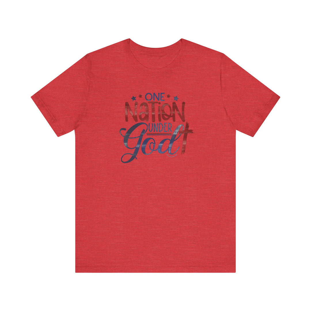 A red shirt with bold blue text, featuring the One Nation Under God Tee design. Unisex jersey tee made of 100% Airlume combed cotton, with ribbed knit collars and taping on shoulders for lasting comfort and fit.
