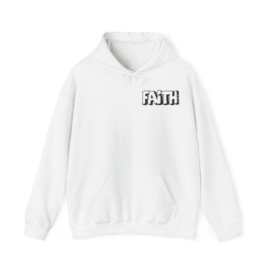 A white hooded sweatshirt with a logo, featuring a kangaroo pocket and drawstring hood. Unisex heavy blend of cotton and polyester for warmth and comfort. Walk By Faith Not By Sight Crew.