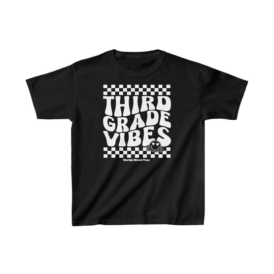 A black kids tee with white text, ideal for everyday wear. Made of 100% cotton, featuring twill tape shoulders and ribbed knitting for durability. Product title: 3rd Grade Vibes Kids Tee.