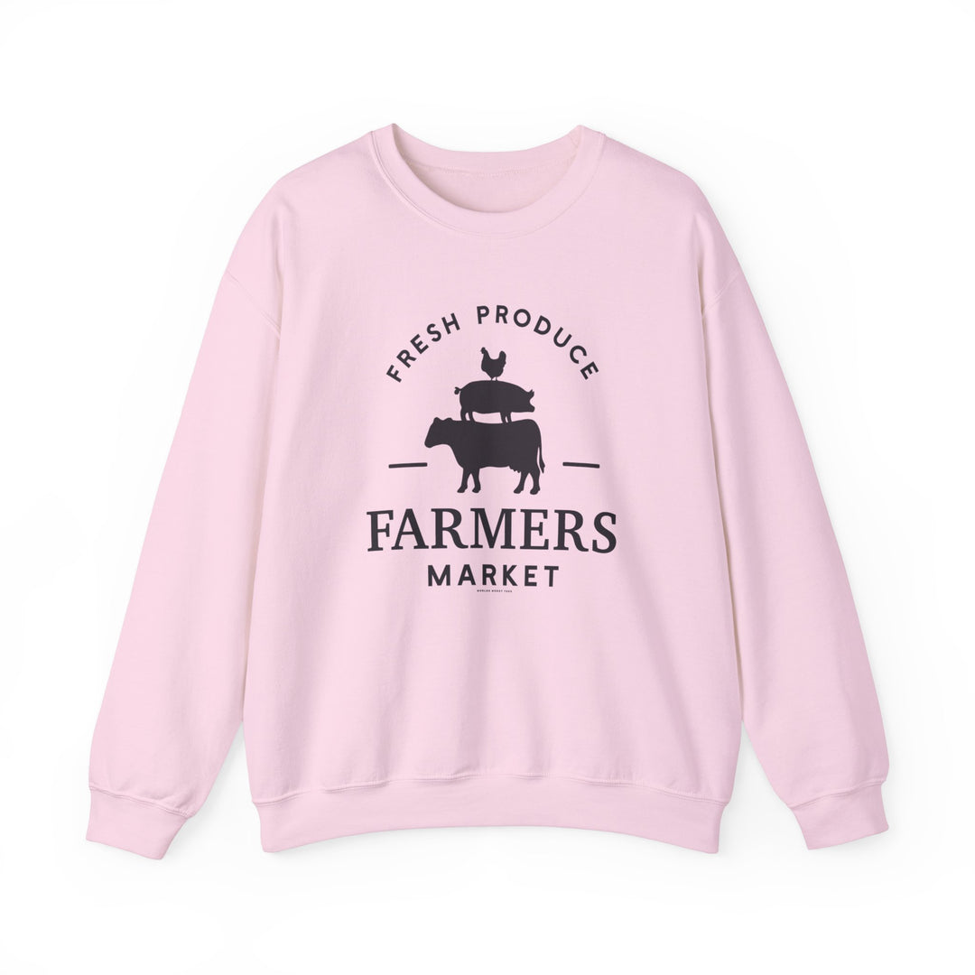 A pink sweatshirt featuring a logo with cows and a cat, ideal for comfort in any situation. Unisex heavy blend crewneck with ribbed knit collar, polyester-cotton fabric, and no itchy side seams. From Worlds Worst Tees.