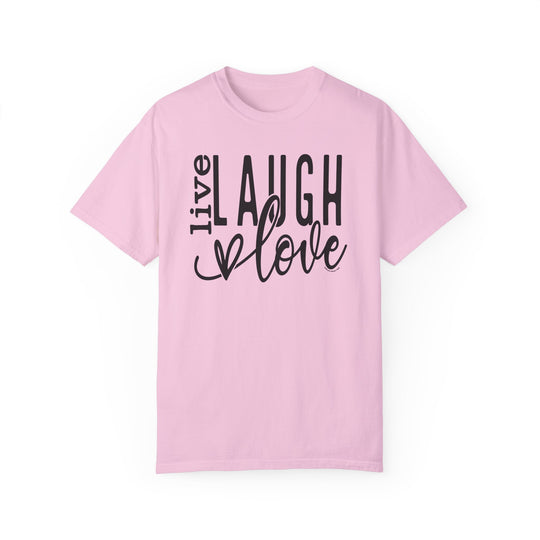 A ring-spun cotton Live Laugh Love Tee, garment-dyed for coziness. Relaxed fit, double-needle stitching for durability, no side-seams for shape retention. Ideal for daily wear.