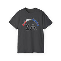 A black tee with a patriotic God Bless America 2A design featuring guns. Unisex, 100% cotton, classic fit, ribbed collar, sustainably sourced. From Worlds Worst Tees.