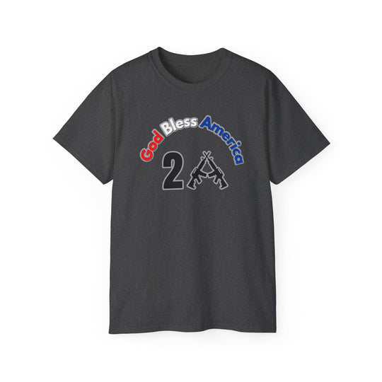 A black tee with a patriotic God Bless America 2A design featuring guns. Unisex, 100% cotton, classic fit, ribbed collar, sustainably sourced. From Worlds Worst Tees.