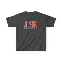 Kids charcoal-gray T-shirt with JESUS in red varsity-style letters and THE WAY, THE TRUTH & THE LIFE in white. Durable, 100% cotton, ideal for everyday wear.