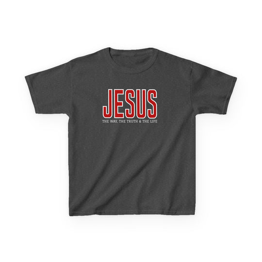 Kids charcoal-gray T-shirt with JESUS in red varsity-style letters and THE WAY, THE TRUTH & THE LIFE in white. Durable, 100% cotton, ideal for everyday wear.