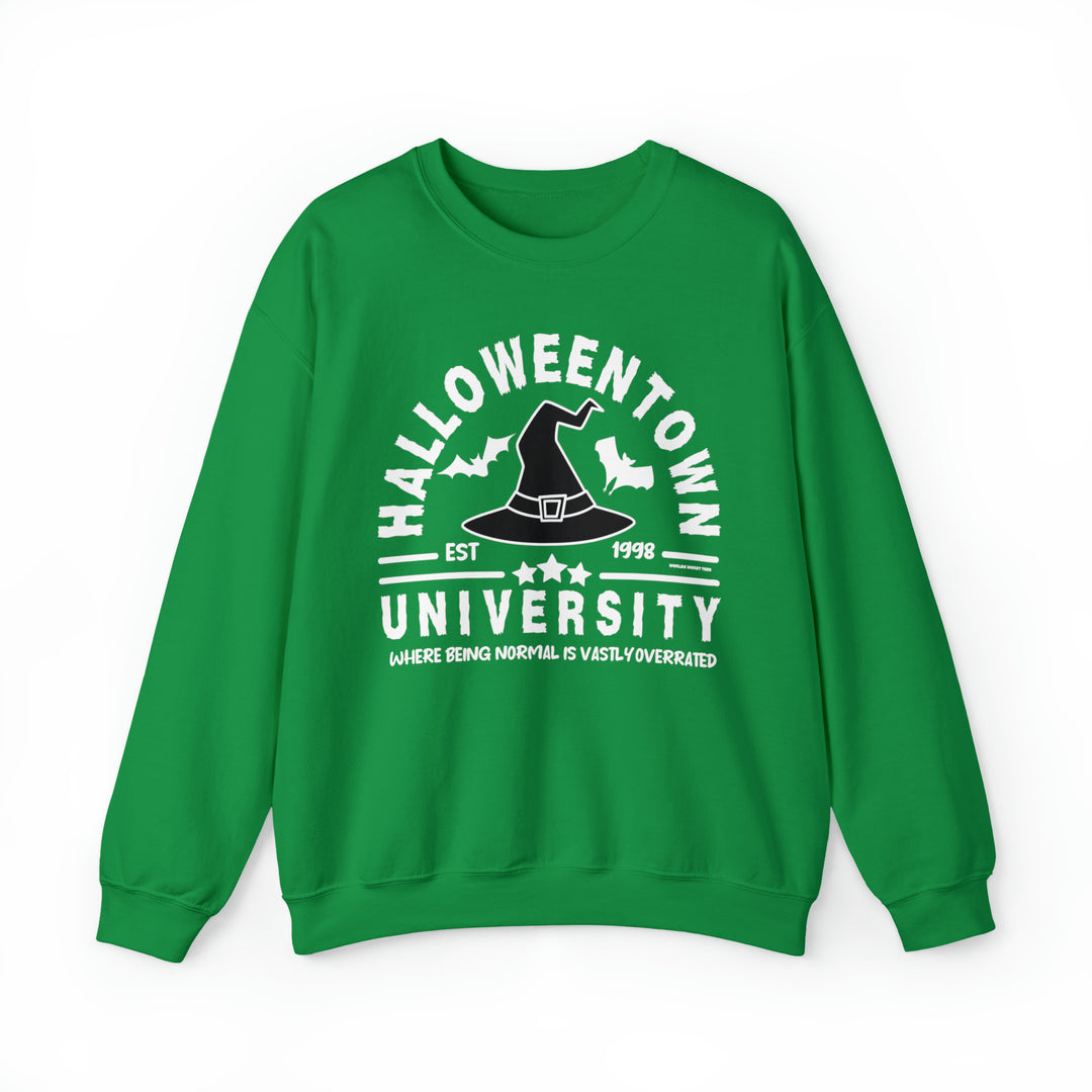 A unisex heavy blend crewneck sweatshirt featuring Halloweentown University Crew design. Comfortable, ribbed knit collar, no itchy seams. 50% cotton, 50% polyester, medium-heavy fabric, loose fit, sewn-in label.