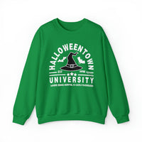 A unisex heavy blend crewneck sweatshirt featuring Halloweentown University Crew design. Comfortable, ribbed knit collar, no itchy seams. 50% cotton, 50% polyester, medium-heavy fabric, loose fit, sewn-in label.