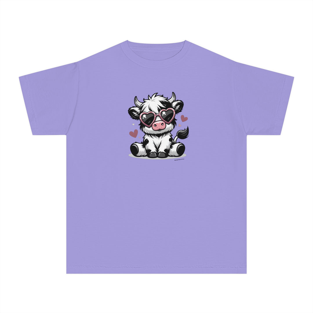 A playful purple kid's tee featuring a cartoon cow in sunglasses. Made of soft combed cotton for comfort and agility, perfect for study or playtime. From Worlds Worst Tees.