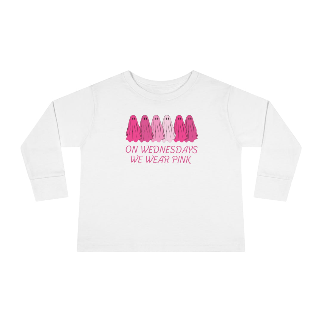 A custom toddler long-sleeve tee featuring On Wednesday's We Wear Pink text design. Made of 100% cotton, with ribbed collar and EasyTear™ label for comfort and durability. From Worlds Worst Tees.