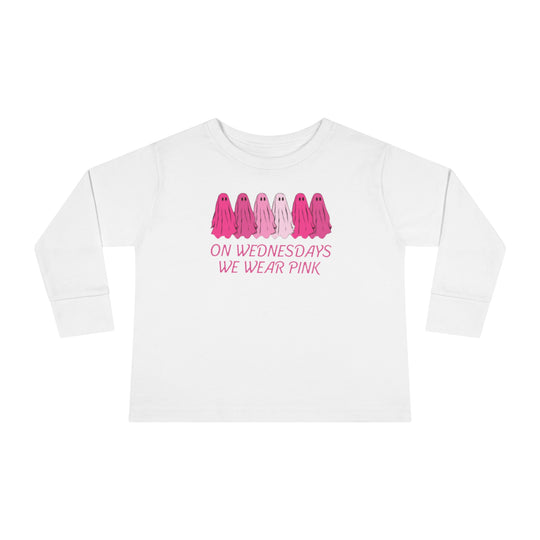 A custom toddler long-sleeve tee featuring On Wednesday's We Wear Pink text design. Made of 100% cotton, with ribbed collar and EasyTear™ label for comfort and durability. From Worlds Worst Tees.