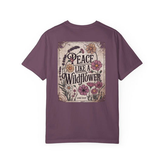 Peace Like a Wildflower Tee, a relaxed fit, pre-shrunk, 100% ring-spun cotton shirt with durable double-needle stitching, ideal for casual and semi-formal wear.