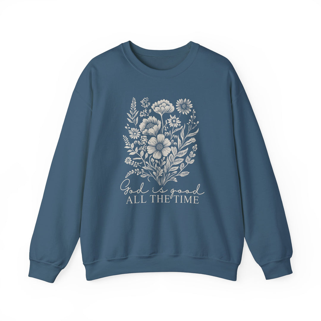Unisex heavy blend GOD is Good All the Time Crew sweatshirt, showcasing a ribbed knit collar, classic fit, double-needle stitching, and tear-away label for comfort.