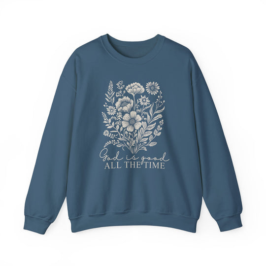 Unisex heavy blend GOD is Good All the Time Crew sweatshirt, showcasing a ribbed knit collar, classic fit, double-needle stitching, and tear-away label for comfort.