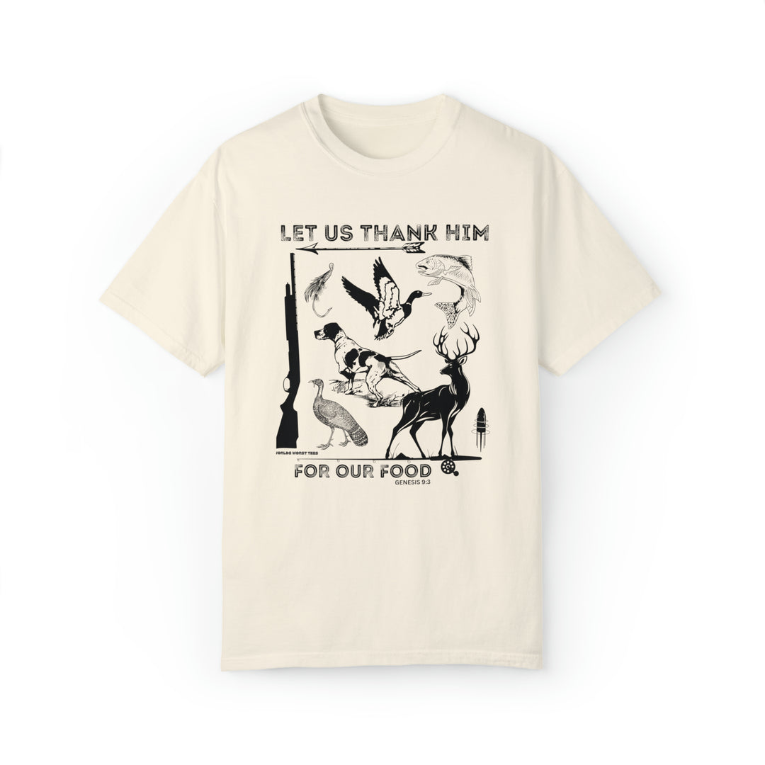 Unisex Let Us Thank Him For Our Food Tee, white shirt with black and white graphics of animals and birds. Made of 80% ring-spun cotton and 20% polyester, featuring a relaxed fit and rolled-forward shoulder.