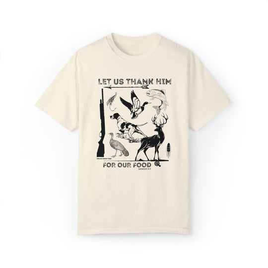 Unisex Let Us Thank Him For Our Food Tee, white shirt with black and white graphics of animals and birds. Made of 80% ring-spun cotton and 20% polyester, featuring a relaxed fit and rolled-forward shoulder.