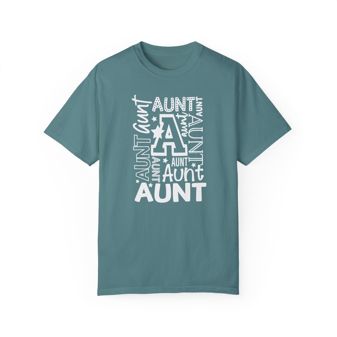 Aunt Tee: Garment-dyed ring-spun cotton t-shirt with a white star on blue background. Medium weight, relaxed fit, durable double-needle stitching, and seamless design for comfort and style.