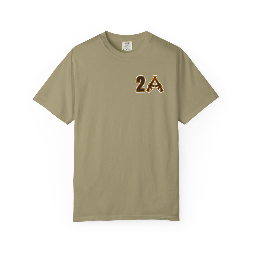 2A Tee with crossed rifles graphic on left chest, khaki short-sleeve, Comfort Colors brand, relaxed fit, 100% cotton, durable double-needle stitching.