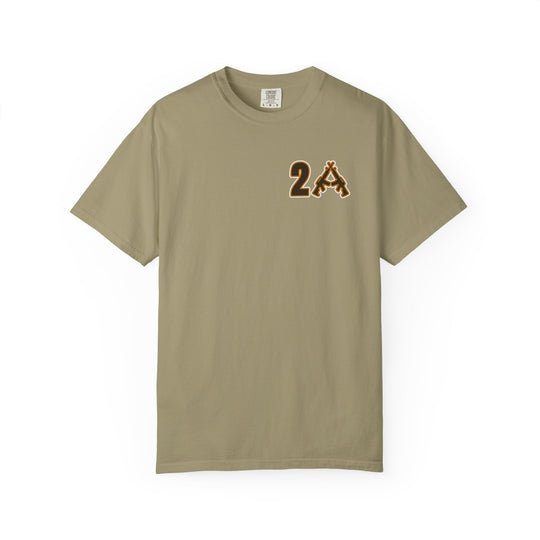 2A Tee with crossed rifles graphic on left chest, khaki short-sleeve, Comfort Colors brand, relaxed fit, 100% cotton, durable double-needle stitching.