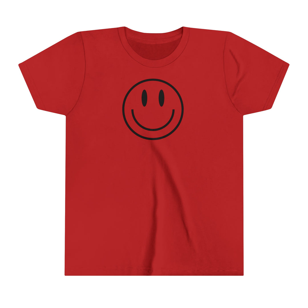 Youth tee with a red smiley face design. Lightweight, comfortable, and durable, perfect for kids. Made of 100% Airlume combed and ringspun cotton. Ideal for custom artwork display. Size options available.