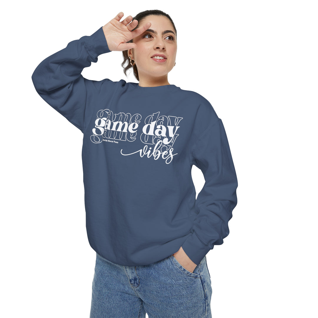 Unisex Game Day Vibes Crew sweatshirt in blue, featuring a relaxed fit and rolled-forward shoulder. Made of 80% ring-spun cotton and 20% polyester, with a 100% cotton face. Medium-heavy fabric.
