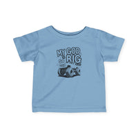 My GOD is So Big Baby Tee, a soft, ring-spun cotton infant jersey with side seams, ribbed knitting, and taped shoulders for comfort and durability.
