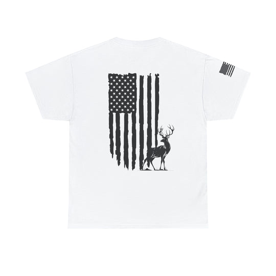 American Hunter Tee: A white shirt featuring a flag and deer design. Premium fit, 100% combed cotton, light fabric. Ribbed collar, roomy, and comfy for everyday wear.