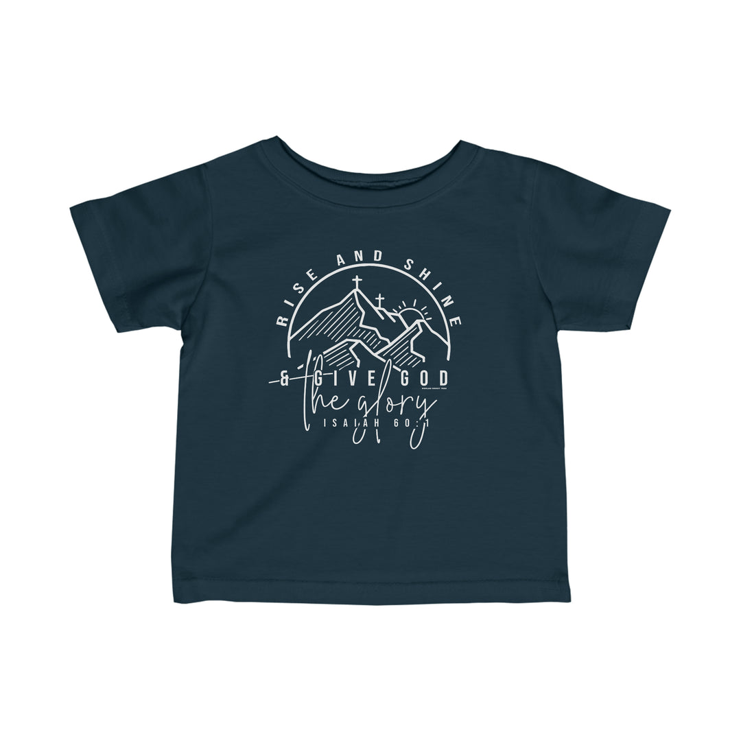 Rise and Shine Infant Tee: A blue shirt with white logo, perfect for younglings. Features side seams, ribbed knitting, and taped shoulders for durability and comfort. 100% Combed ringspun cotton.
