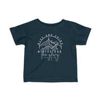 Rise and Shine Infant Tee: A blue shirt with white logo, perfect for younglings. Features side seams, ribbed knitting, and taped shoulders for durability and comfort. 100% Combed ringspun cotton.