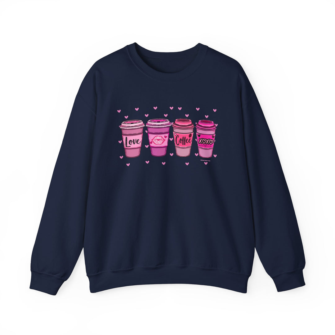 A cozy unisex XOXO Coffee Crew sweatshirt featuring pink coffee cups on blue fabric. Made of 50% cotton, 50% polyester blend for comfort and durability. Ribbed knit collar, loose fit, and no itchy side seams.
