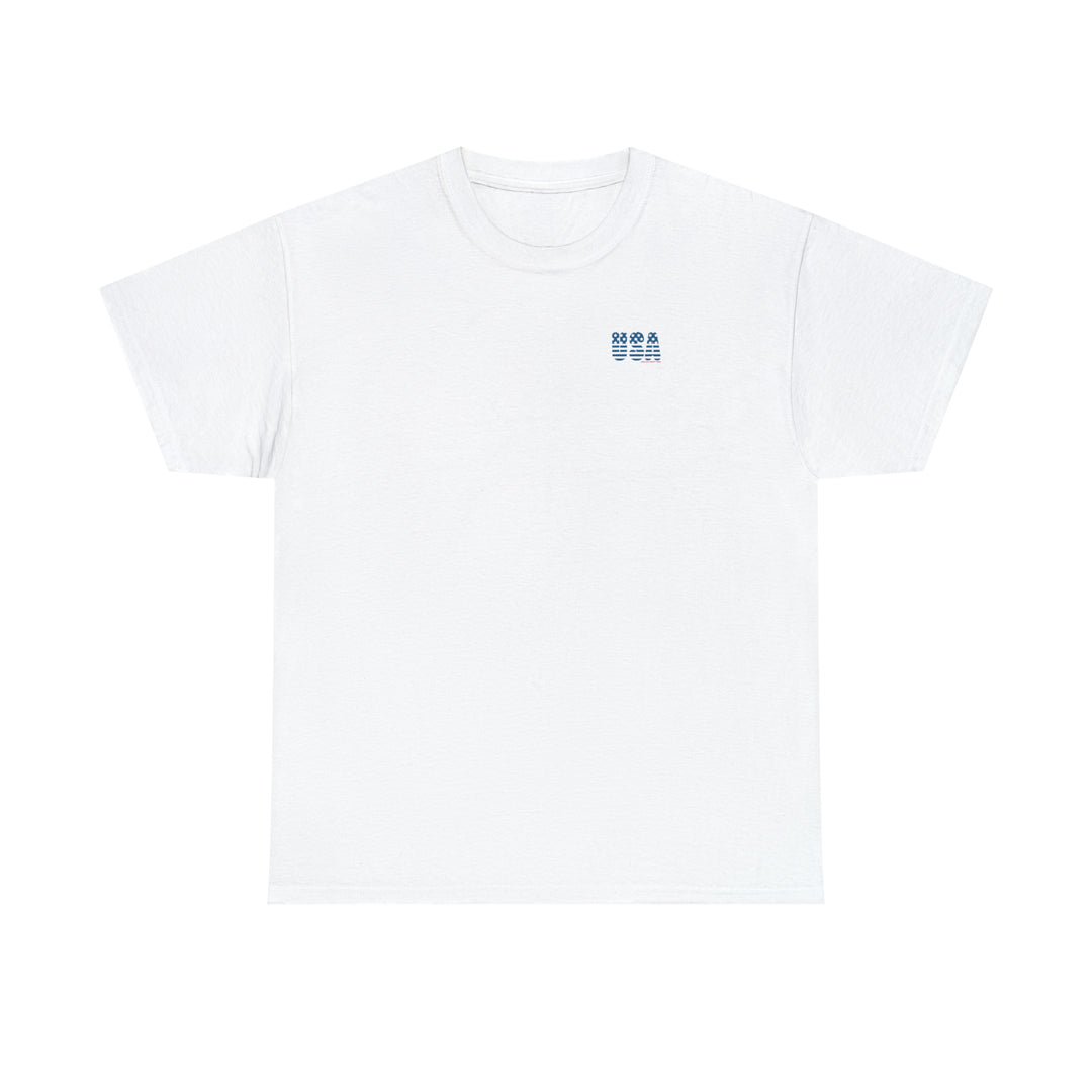 Unisex USA USA USA Tee, white with blue text and logo, heavy cotton fabric, no side seams, ribbed knit collar, classic fit, 100% cotton.