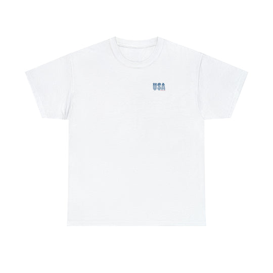 Unisex USA USA USA Tee, white with blue text and logo, heavy cotton fabric, no side seams, ribbed knit collar, classic fit, 100% cotton.