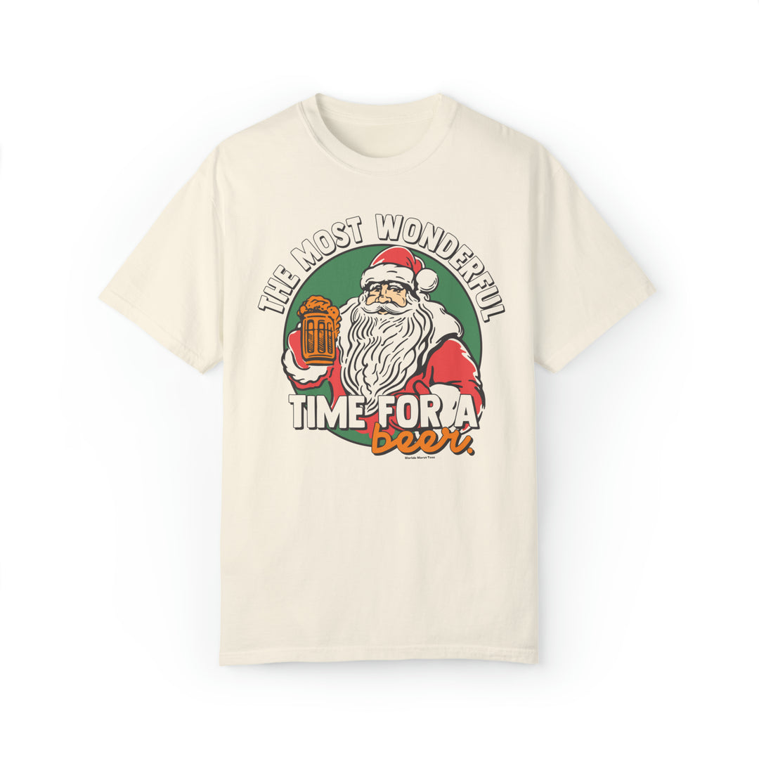 A white t-shirt featuring Santa Claus holding a beer, with a graphic design. Unisex tee made of 80% ring-spun cotton and 20% polyester, offering luxurious comfort and style. From Worlds Worst Tees.