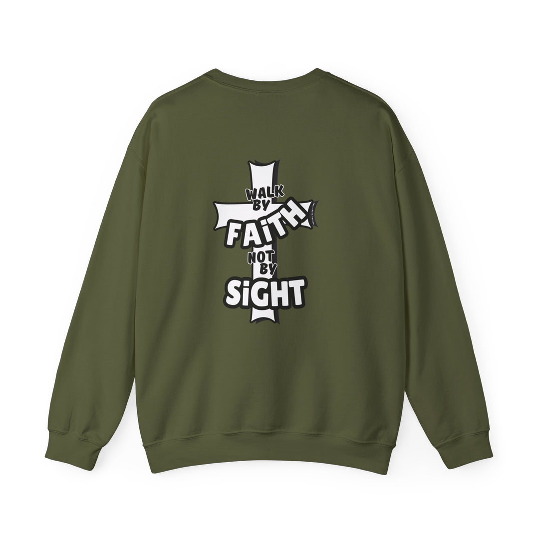 A unisex heavy blend crewneck sweatshirt featuring Walk By Faith Not By Sight text. Made of 50% cotton and 50% polyester, with ribbed knit collar and no itchy side seams. Medium-heavy fabric, loose fit, and true to size.