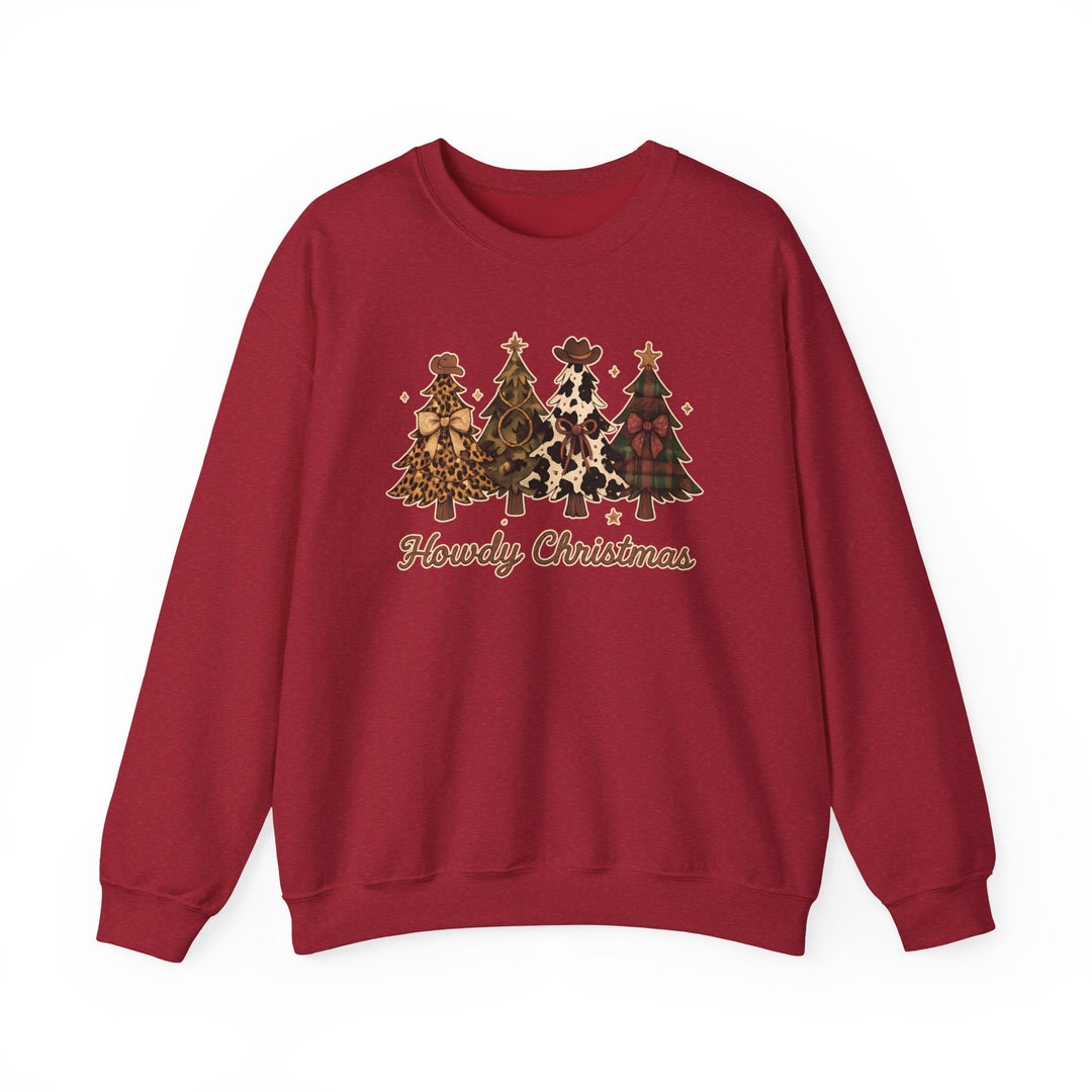 Howdy Christmas Crew sweatshirt with Western-themed graphic, featuring four decorated Christmas trees with cowboy hats and gold accents above the slogan Howdy Christmas.