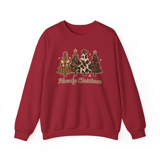 Howdy Christmas Crew sweatshirt with Western-themed graphic, featuring four decorated Christmas trees with cowboy hats and gold accents above the slogan Howdy Christmas.