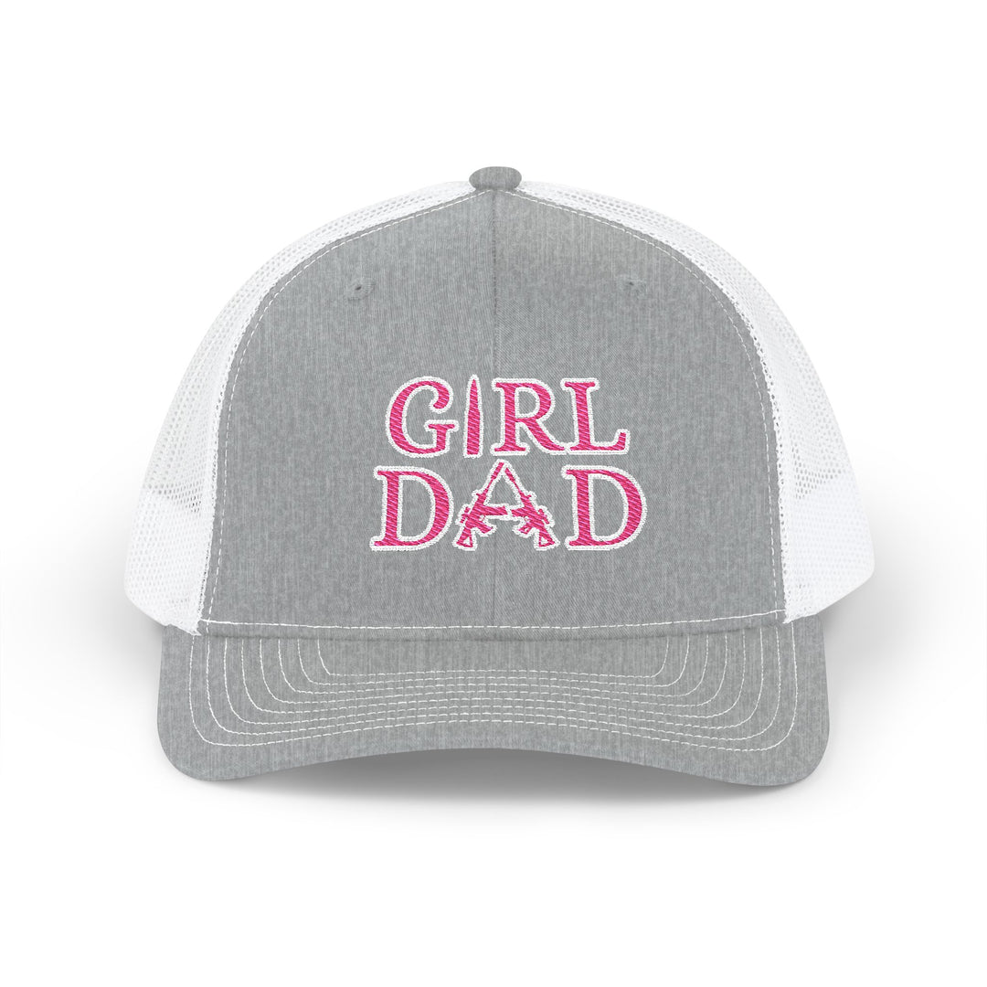 Girl Dad Snapback Trucker Cap with embroidery, featuring a classic 6-panel design, mid-profile fit, pre-curved visor, and adjustable snap closure for versatile style.