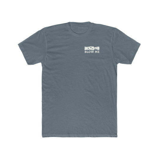 Blow Me Tee: Men's premium fitted grey t-shirt with white text and camera logo. Comfy, light, ribbed knit collar, roomy fit. Ideal for workouts and daily wear. High-quality 100% cotton fabric.