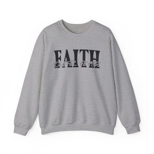 A unisex heavy blend crewneck sweatshirt featuring Faith Over Fear design. Ribbed knit collar, no itchy side seams, 50% Cotton 50% Polyester, loose fit, medium-heavy fabric. Ideal comfort for any occasion.
