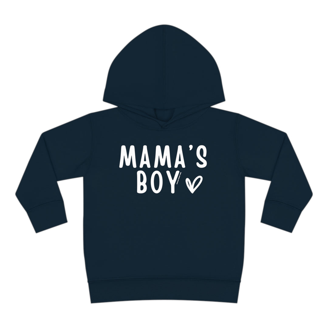 Toddler hoodie with Mama's Boy design, featuring durable construction with cover-stitched details. Jersey-lined hood and side seam pockets for cozy wear. Made of 60% cotton, 40% polyester blend. Sizes: 2T, 4T, 5-6T.
