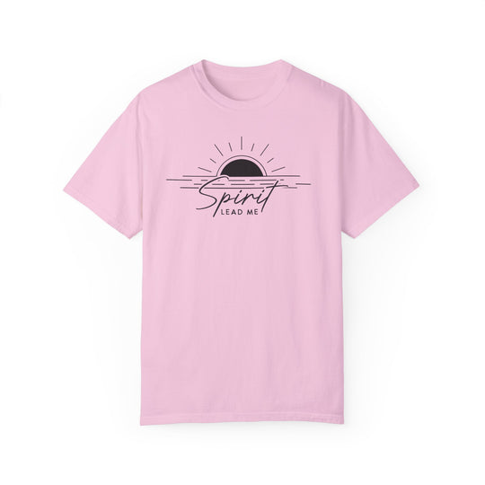 A relaxed fit Spirit Lead Me Tee, crafted from 100% ring-spun cotton with double-needle stitching for durability. Garment-dyed for extra coziness, featuring a graphic design on a pink t-shirt.