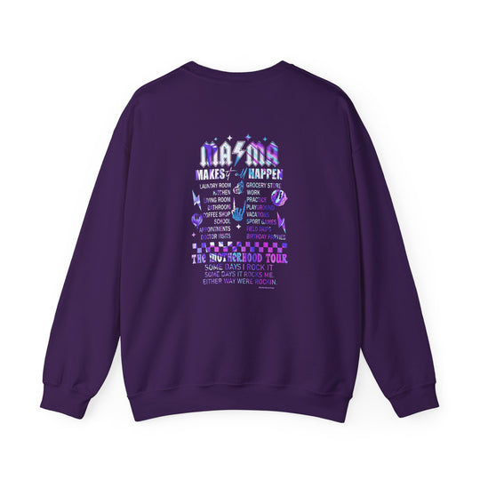 A purple Ma/Ma Band Crew unisex sweatshirt with white text. Made of 50% cotton, 50% polyester blend, ribbed knit collar, and no itchy side seams. Medium-heavy fabric, loose fit, true to size.