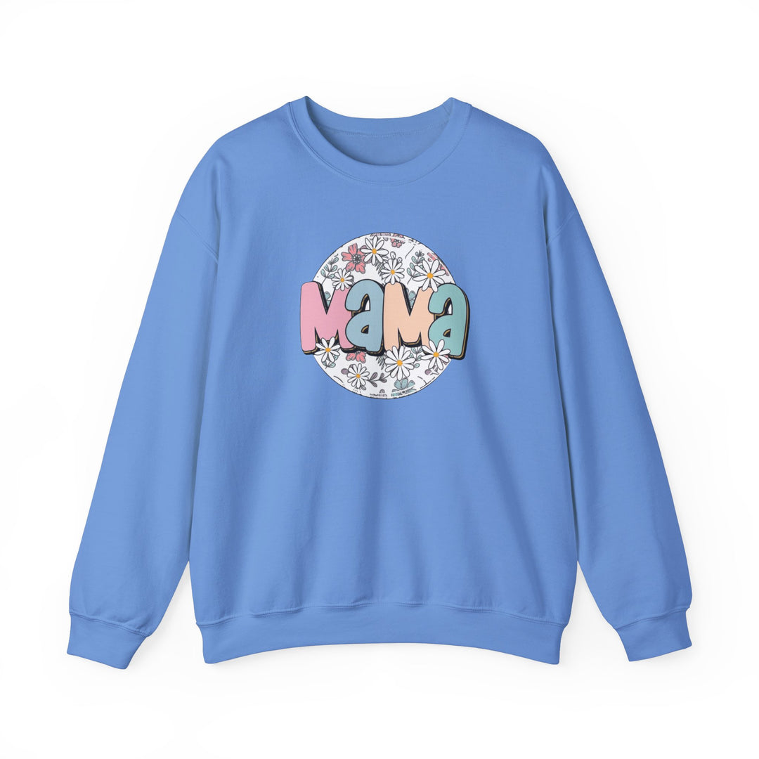 A blue sweatshirt featuring a logo and graphic design of flowers and letters. Unisex heavy blend crewneck with ribbed knit collar, 50% cotton, 50% polyester, loose fit. Ideal for comfort in various sizes.
