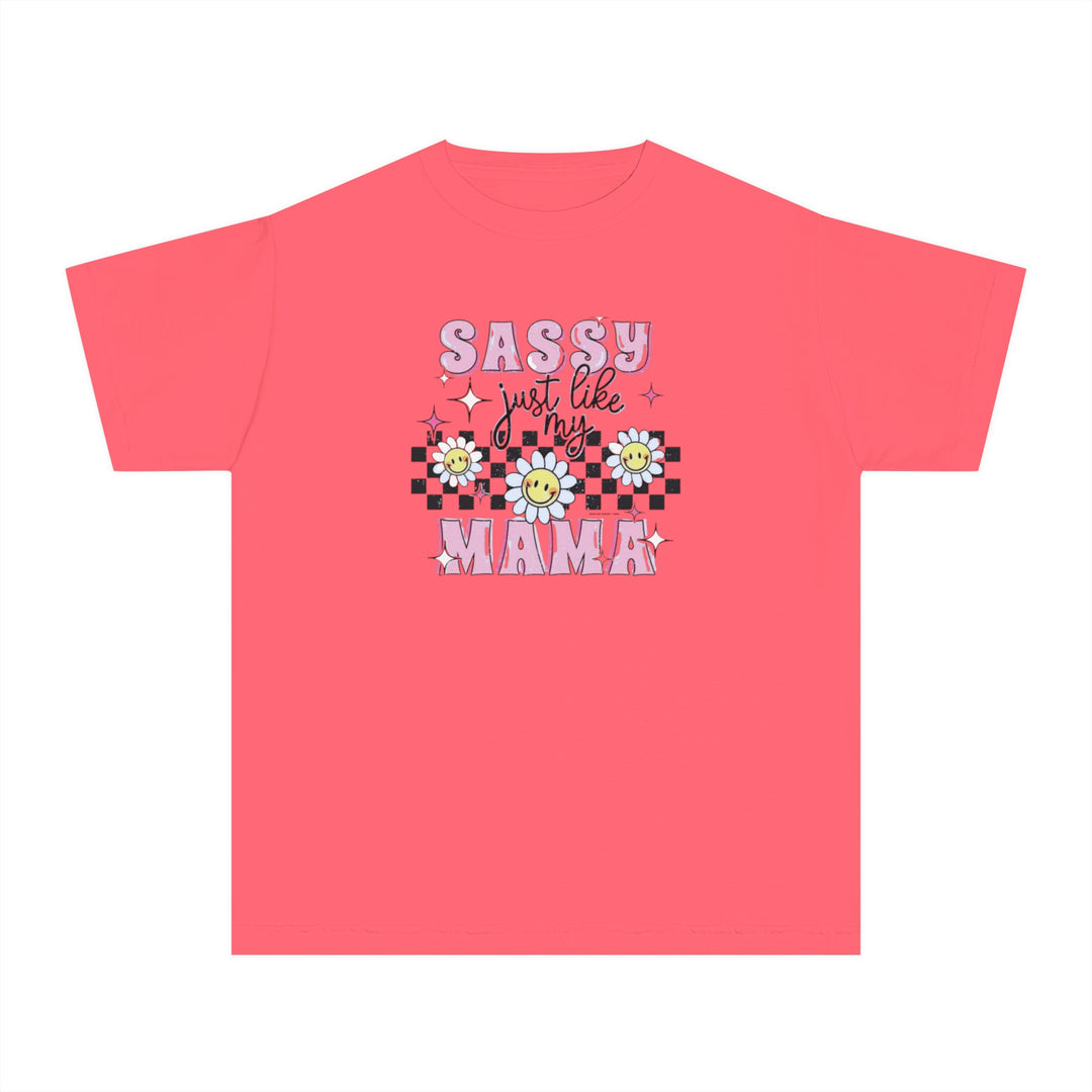 Kid's tee shirt with pink design featuring words and flowers, perfect for active days. Made of 100% combed ringspun cotton for comfort and agility. Classic fit for all-day wear. Sassy Like My Mama Kids Tee by Worlds Worst Tees.