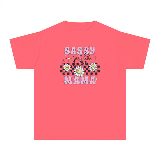 Kid's tee shirt with pink design featuring words and flowers, perfect for active days. Made of 100% combed ringspun cotton for comfort and agility. Classic fit for all-day wear. Sassy Like My Mama Kids Tee by Worlds Worst Tees.