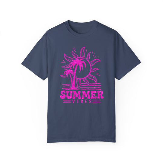 Blue Summer Vibes Tee with pink sun and palm tree graphic design. 100% ring-spun cotton, medium weight, relaxed fit, durable double-needle stitching, tubular shape. From Worlds Worst Tees.