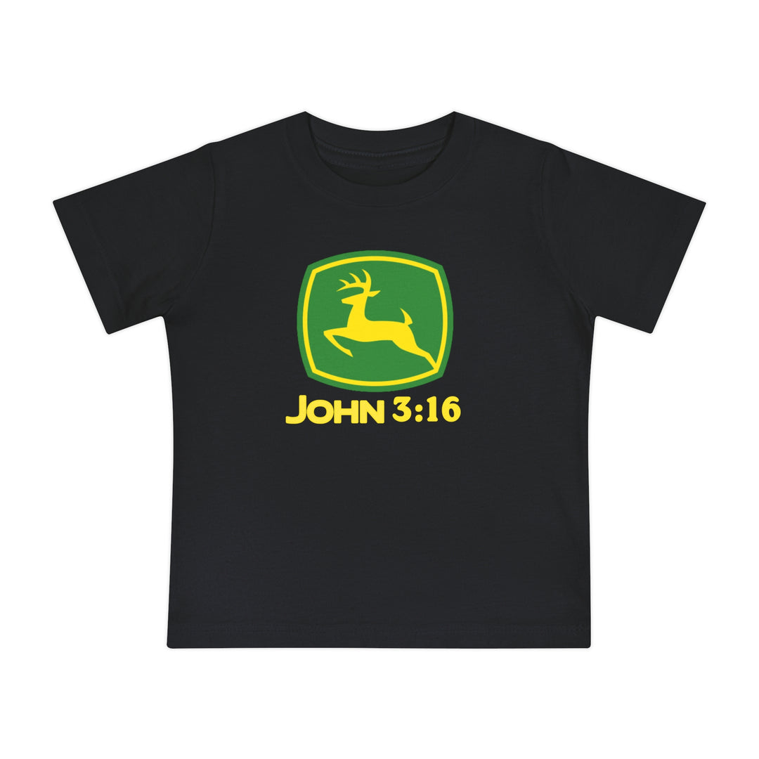 Black John 3:16 Tee for infants, featuring a green-and-yellow deer shield design, combining comfort with playful style, ideal for baby's first steps.