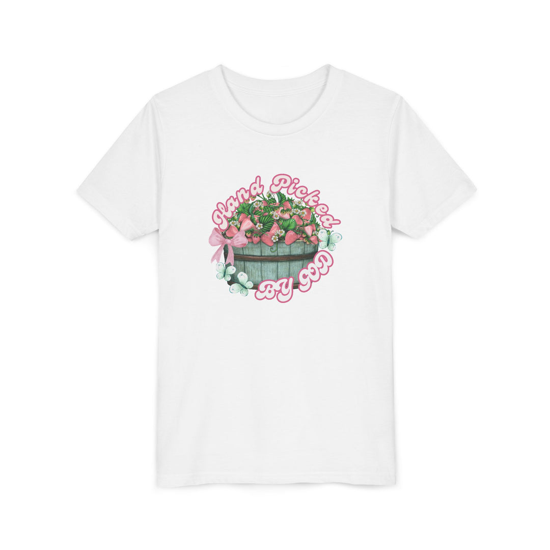 Hand Picked by GOD Youth Tee featuring a modern fit, lightweight ring-spun cotton, and tear-away label for comfort, ideal for showcasing custom designs.