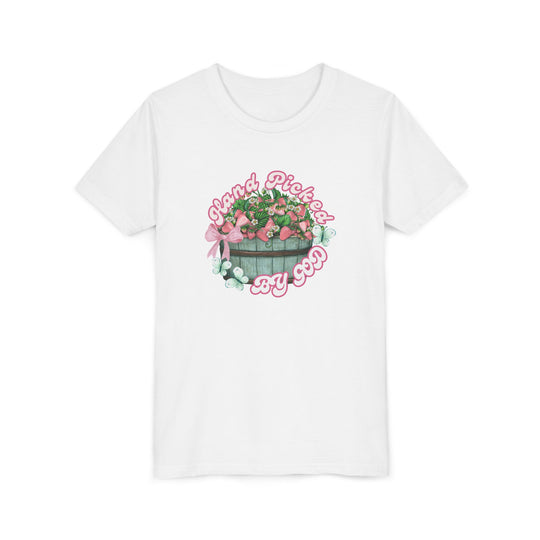 Hand Picked by GOD Youth Tee featuring a modern fit, lightweight ring-spun cotton, and tear-away label for comfort, ideal for showcasing custom designs.