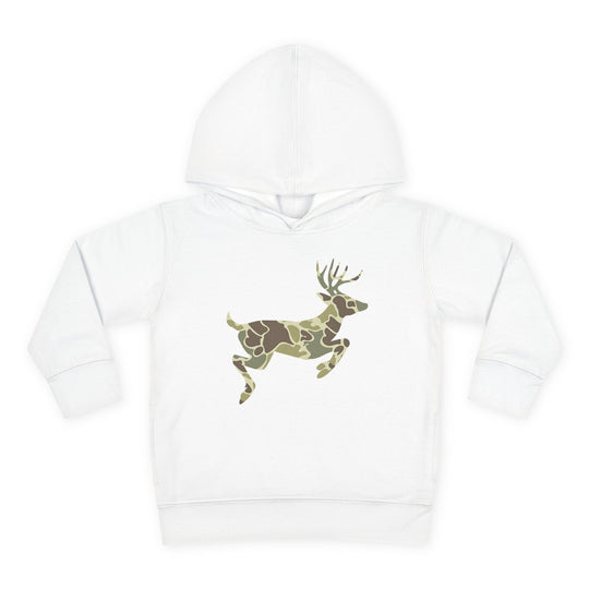 Camo Deer Toddler Hoodie with a running deer silhouette in camouflage print on a white background, featuring a durable hood and cozy side-seam pockets.